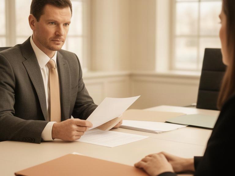 Attorney reviewing legal papers with a client at a conference table in a bright Maryland office